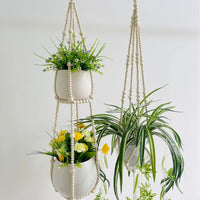 Boho Wood Bead Plant Hanger Macrame Wall Decor for Indoor Outdoor Plants, Creative Tassel Flower Pot Hanging Basket