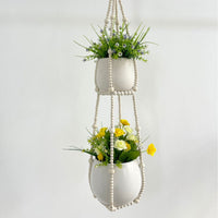 Boho Wood Bead Plant Hanger Macrame Wall Decor for Indoor Outdoor Plants, Creative Tassel Flower Pot Hanging Basket