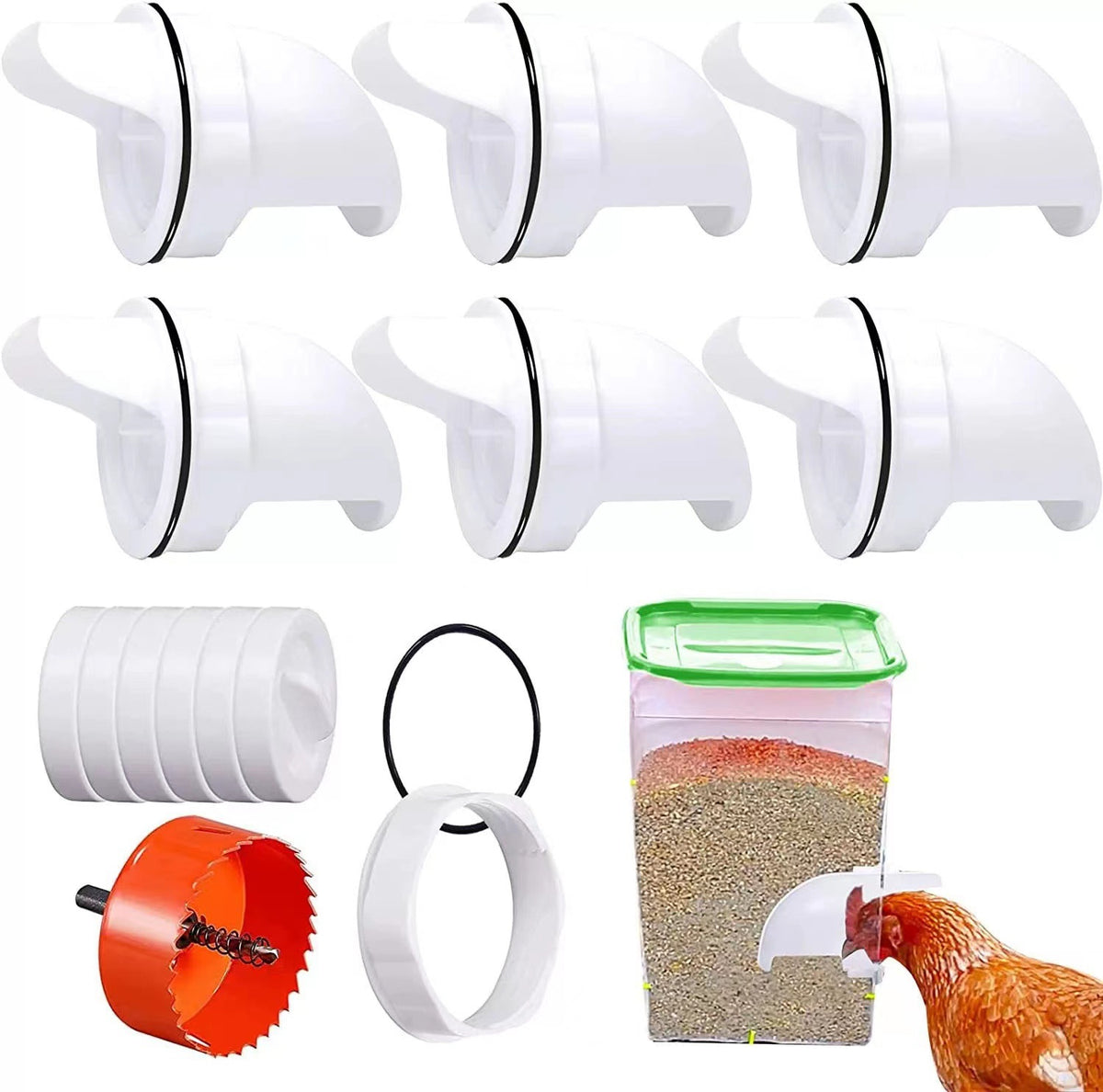PoultryProFeeder Rainproof Gravity Feeder Ports for Chickens and Ducks, Universal Farm Animal Feeding System