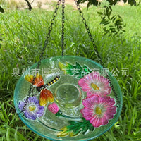 Dragonfly Design Iron Art Bird Bath Feeder for Garden Patio, Fused Glass Decoration