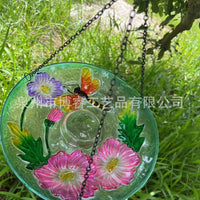 Dragonfly Design Iron Art Bird Bath Feeder for Garden Patio, Fused Glass Decoration