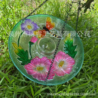 Dragonfly Design Iron Art Bird Bath Feeder for Garden Patio, Fused Glass Decoration