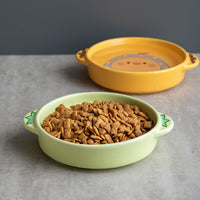 Korean Style Ceramic Pet Bowl with Double Handles - Cartoon Cat Food Bowl for Cats and Small Animals