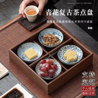 Wooden Four-Compartment Serving Tray with Ceramic Dishes for Snacks, Fruits, and Desserts