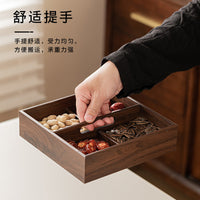 Wooden Four-Compartment Serving Tray with Ceramic Dishes for Snacks, Fruits, and Desserts