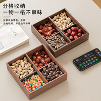 Wooden Four-Compartment Serving Tray with Ceramic Dishes for Snacks, Fruits, and Desserts