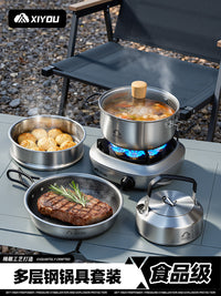 Lightweight Outdoor Camping Cookware Set Portable Stainless Steel Cassette Stove Pot for Wilderness Cooking