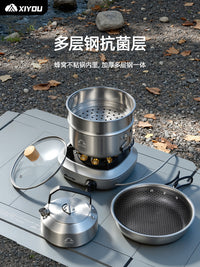 Lightweight Outdoor Camping Cookware Set Portable Stainless Steel Cassette Stove Pot for Wilderness Cooking