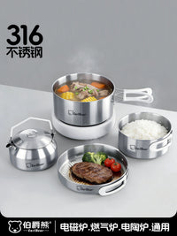 Bear Outdoor Cookware Set 316 Stainless Steel Portable Lightweight Camping Pot Travel Cooking Kit Multifunctional