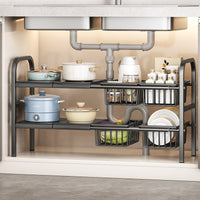 Under Sink Organizer, Expandable 2-Tier Storage Rack for Kitchen Cabinet, Pots and Pans, Bathroom, Adjustable Shelf