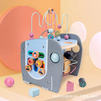 Infant Toddler Multifunctional Wooden Activity Cube with Bead Maze Shape Sorter and Ball Hammering Game
