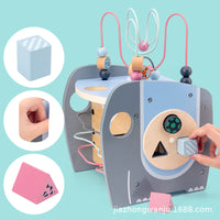 Infant Toddler Multifunctional Wooden Activity Cube with Bead Maze Shape Sorter and Ball Hammering Game