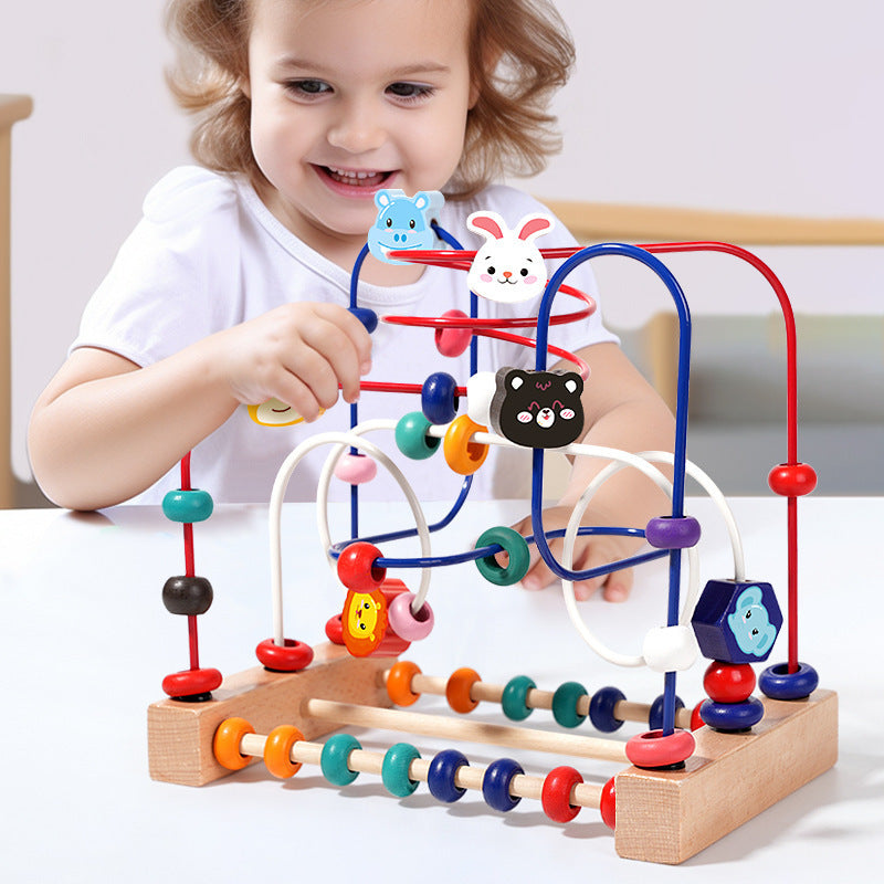 Kids' Montessori Wooden Bead Maze and Stacking Toy Set - Early Education Animal Theme Activity Cube for Toddlers