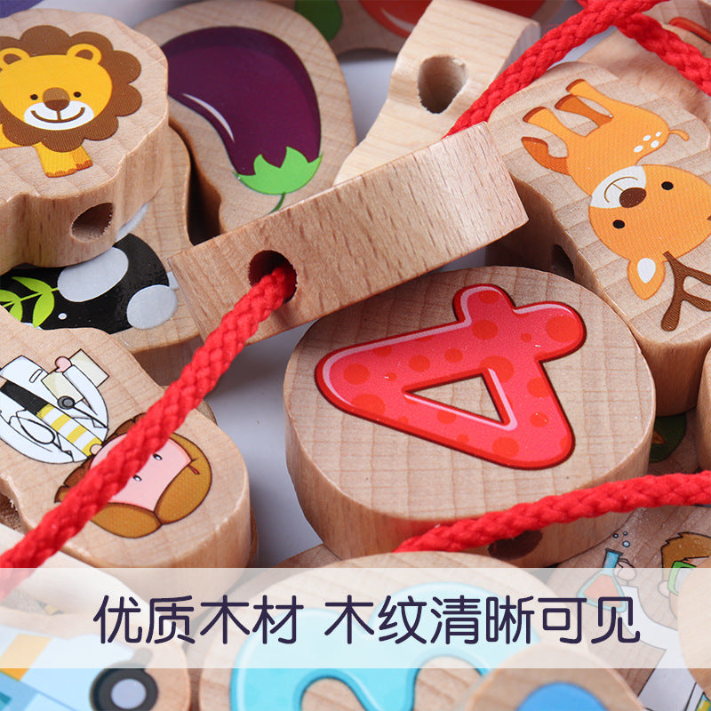 Kids Wooden Bead Maze and Lacing Toy Set for Early Education, Boys and Girls 2-4 Years Old, Large Building Blocks