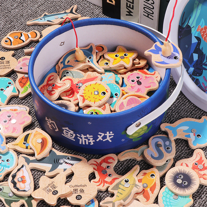 Wooden Magnetic Ocean Fishing Game Toy for Kids, Educational Cognitive Fun Parent-Child Interactive Play