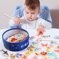 Wooden Magnetic Ocean Fishing Game Toy for Kids, Educational Cognitive Fun Parent-Child Interactive Play