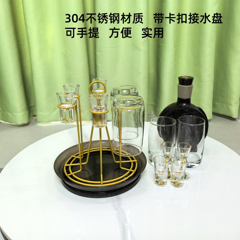 跨境现货不锈钢水杯收纳架多用途玻璃杯倒挂沥水带接水盘杯架厂家