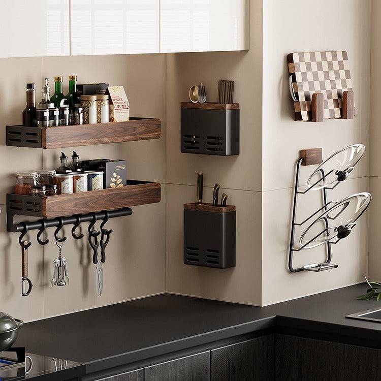 Walnut Kitchen Storage Rack Wall-Mounted Punch-Free Multi-Layer Solid Wood Pot Lid Spice Utensil Organizer