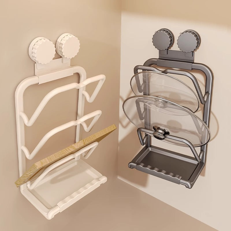 Suction Cup Pot Lid Holder Wall Mounted Cutting Board Storage Rack, No-Drill Kitchen Organizer