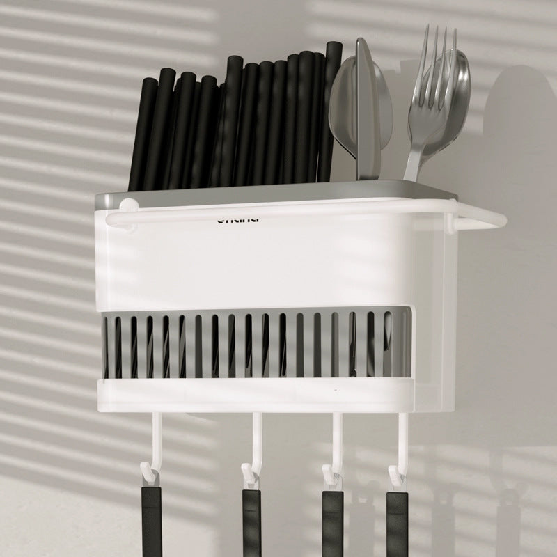 Wall-Mounted Punch-Free Multifunctional Chopstick Holder with Drain, Kitchen Utensil Organizer and Knife Rack