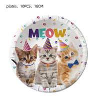 Pet Cat Meow Party Birthday Decoration Set with Paper Plates, Cutlery, Banner, and Cake Toppers