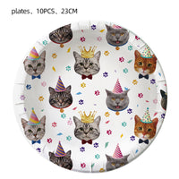 Pet Cat Meow Party Birthday Decoration Set with Paper Plates, Cutlery, Banner, and Cake Toppers