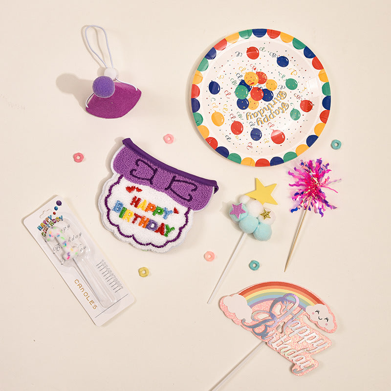New Pet Birthday Set Dog Bib Cat Scarf Small Hat Dinner Plate