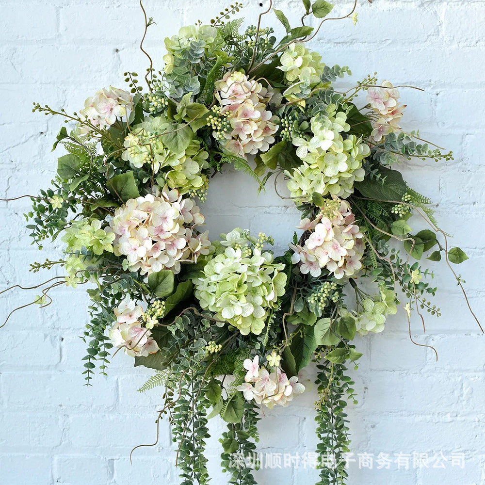 Spring Summer Hydrangea Wreath Pink Green Artificial Flower Garland for Front Door Wall Decor