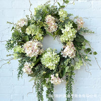 Spring Summer Hydrangea Wreath Pink Green Artificial Flower Garland for Front Door Wall Decor