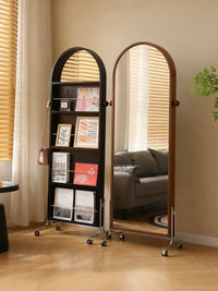 Full-Length Movable Magazine Rack Rotating Vintage Style Floor Standing Mirror with Solid Wood Dressing Mirror