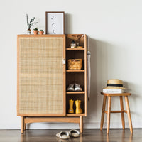 Nordic Solid Wood Rattan Shoe Cabinet Living Room Multi-functional Storage Cabinet Simple Home Entryway Hallway Organizer