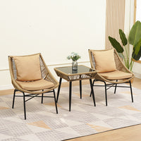 Outdoor Patio Bistro Set, 3-Piece Wicker Rattan Furniture with 2 Chairs and Glass Top Table, Weather Resistant for Balcony Porch Garden