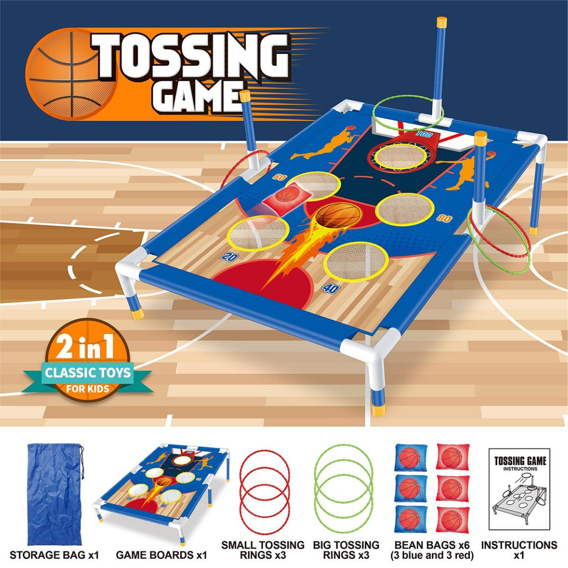 Kids Bean Bag Toss Game Set Indoor Outdoor Ring Throwing Target Toy with Bowling or Basketball Theme