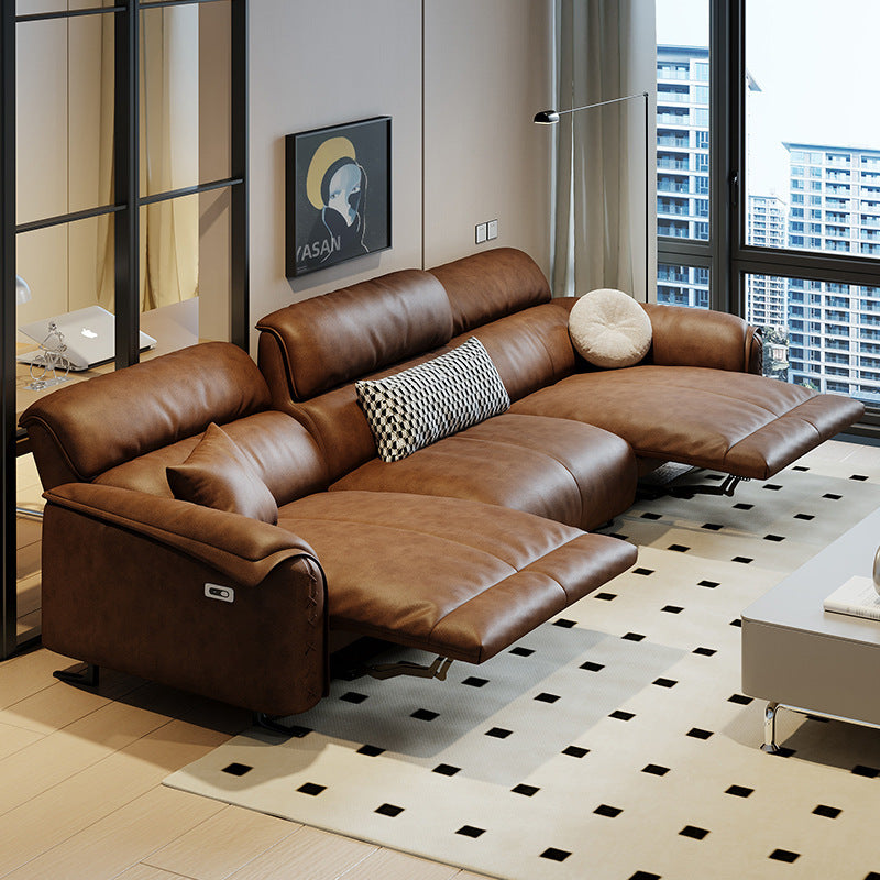 Foshan Italian Minimalist Genuine Leather Electric Sofa Modern First Layer Cowhide First Class Retro Brown Functional Sofa Wood