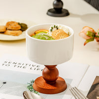 French Vintage INS Ceramic Footed Bowl with Wooden Base - Dessert Bowl and Decorative Home Accent