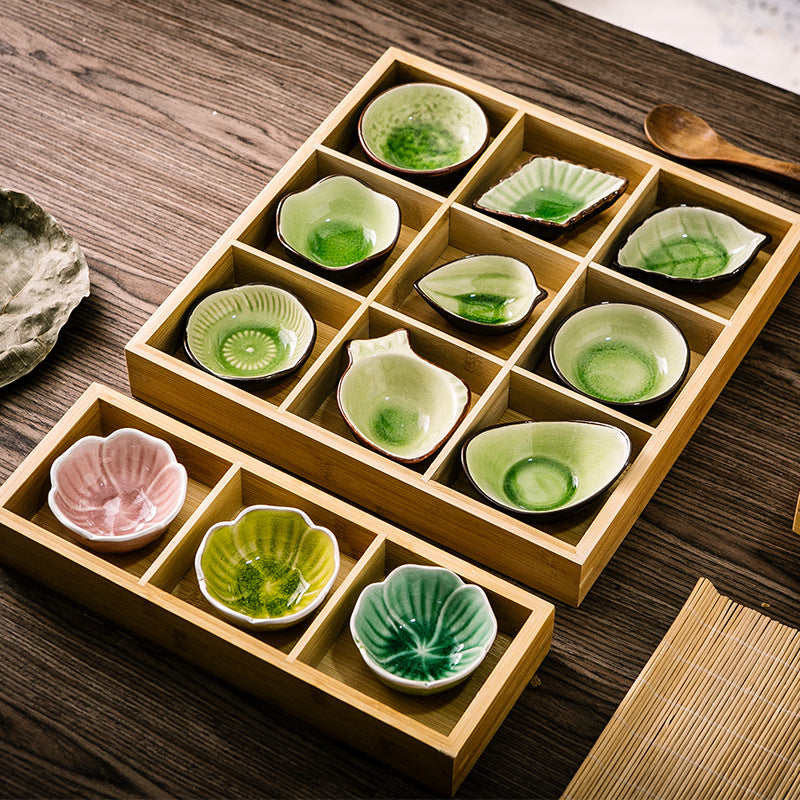 Vintage Kiln Glaze Bamboo Wood Nine-Compartment Dessert Plate Hot Pot Platter Ceramic Divided Dish Seasoning Plate