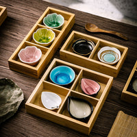 Vintage Kiln Glaze Bamboo Wood Nine-Compartment Dessert Plate Hot Pot Platter Ceramic Divided Dish Seasoning Plate