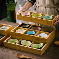 Vintage Kiln Glaze Bamboo Wood Nine-Compartment Dessert Plate Hot Pot Platter Ceramic Divided Dish Seasoning Plate