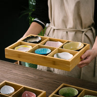 Vintage Kiln Glaze Bamboo Wood Nine-Compartment Dessert Plate Hot Pot Platter Ceramic Divided Dish Seasoning Plate