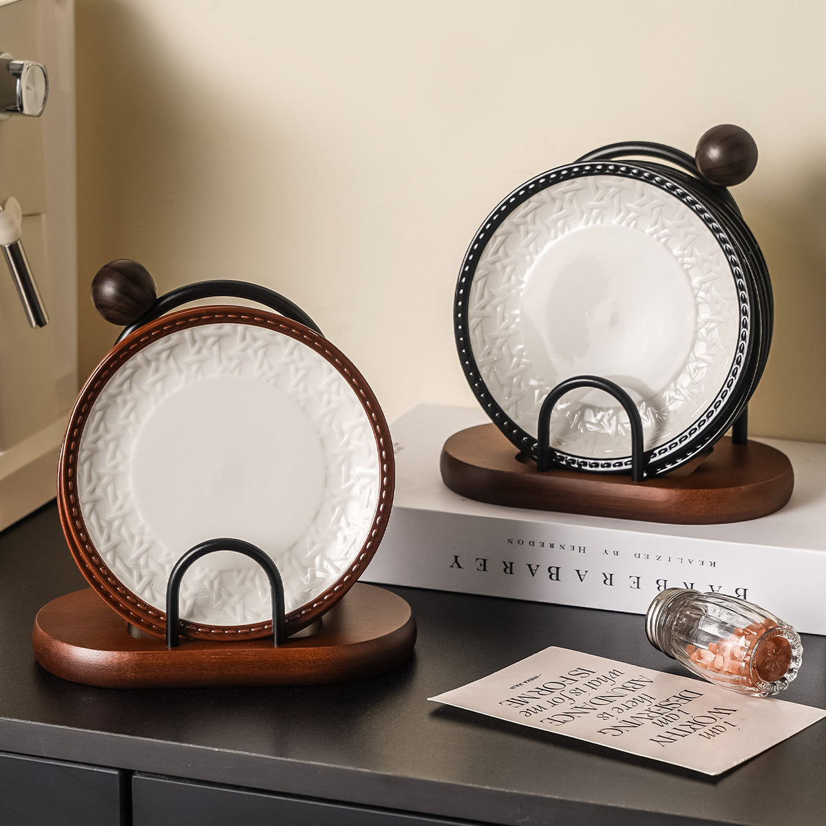 French Retro Ceramic Snack Plates Set with Acacia Wood Stand, Small Appetizer Dishes, Bone Dishes