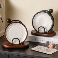 French Retro Ceramic Snack Plates Set with Acacia Wood Stand, Small Appetizer Dishes, Bone Dishes