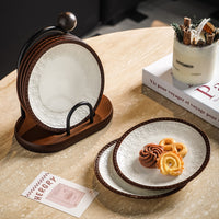 French Retro Ceramic Snack Plates Set with Acacia Wood Stand, Small Appetizer Dishes, Bone Dishes