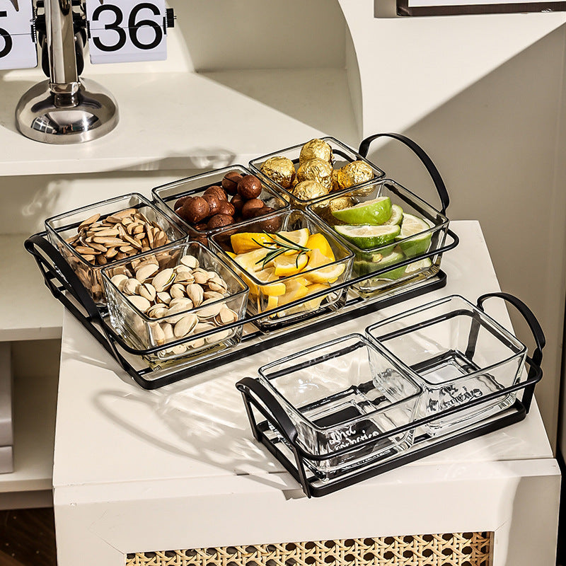 Creative Glass Snack Dish Set with Divided Compartments, High-Value Home Use Simple Style Dried Fruit Plate