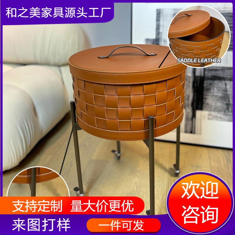 Living Room Creative Movable Light Luxury Sofa Side Table Small Coffee Table Trolley Saddle Leather Stainless Steel Round Table