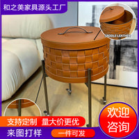 Living Room Creative Movable Light Luxury Sofa Side Table Small Coffee Table Trolley Saddle Leather Stainless Steel Round Table