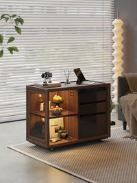 Solid Wood Sofa Side Table Nordic Living Room Mobile Cart Tea Table Black Walnut Tea Cabinet