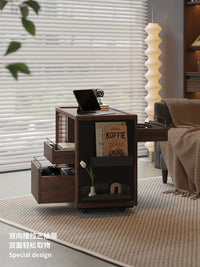 Solid Wood Sofa Side Table Nordic Living Room Mobile Cart Tea Table Black Walnut Tea Cabinet