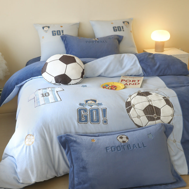 Boys' Football A-Class Milk Velvet Winter Thickened Double-Sided Fleece Cartoon Duvet Cover Kids' Bedding Set