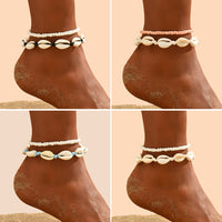 Bohemian Shell Woven Anklet Set with Beaded Accents - Handmade Adjustable Foot Jewelry