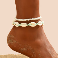Bohemian Shell Woven Anklet Set with Beaded Accents - Handmade Adjustable Foot Jewelry